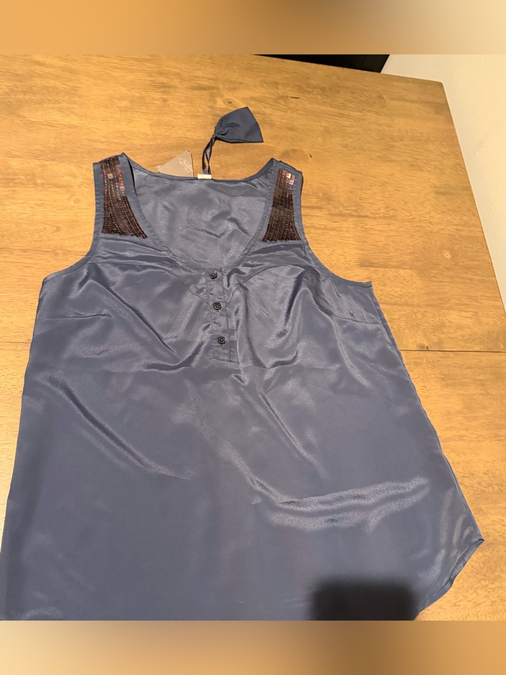 Floreat Anthropologie Dusty Blue Satin Sequin Embellished Sleeveless Blouse NWT